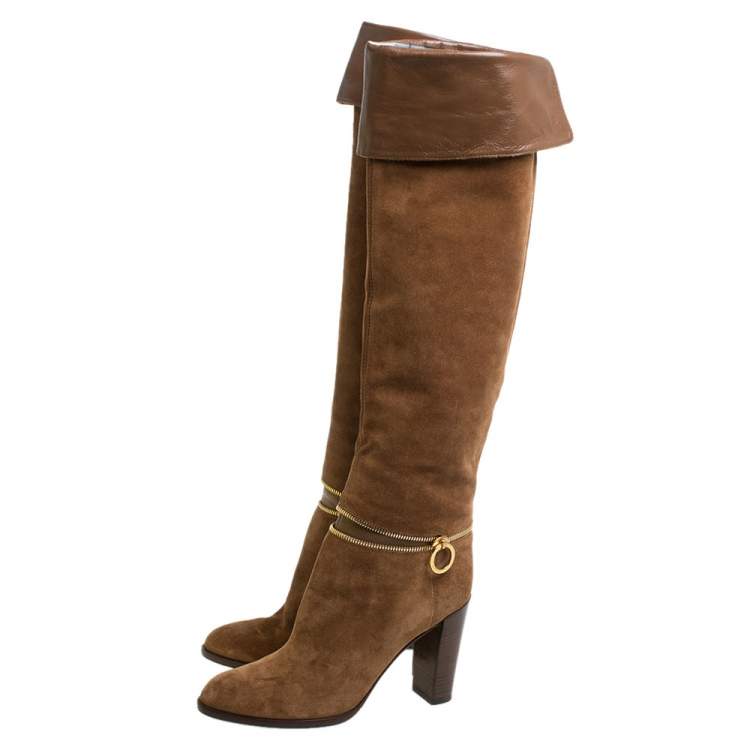 Pre Owned Sergio Rossi Brown Suede Zip Embellished Knee Length Boots Size 38