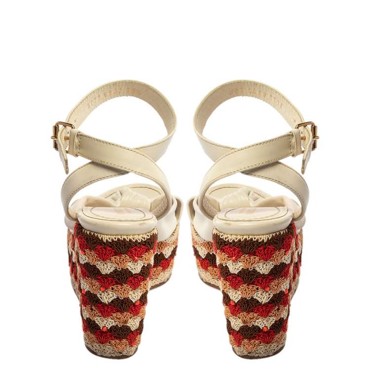 Pre Owned Sergio Rossi White Leather And Fabric Platform Wedge Knotted Ankle Strap Sandals Size 35.5