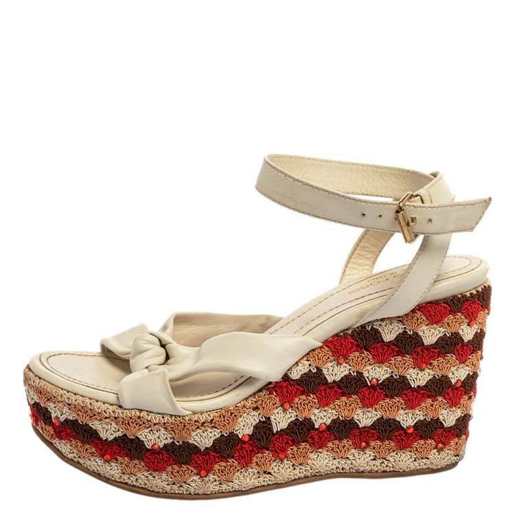 Pre Owned Sergio Rossi White Leather And Fabric Platform Wedge Knotted Ankle Strap Sandals Size 35.5