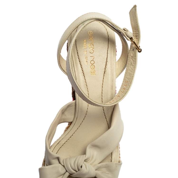 Pre Owned Sergio Rossi White Leather And Fabric Platform Wedge Knotted Ankle Strap Sandals Size 35.5
