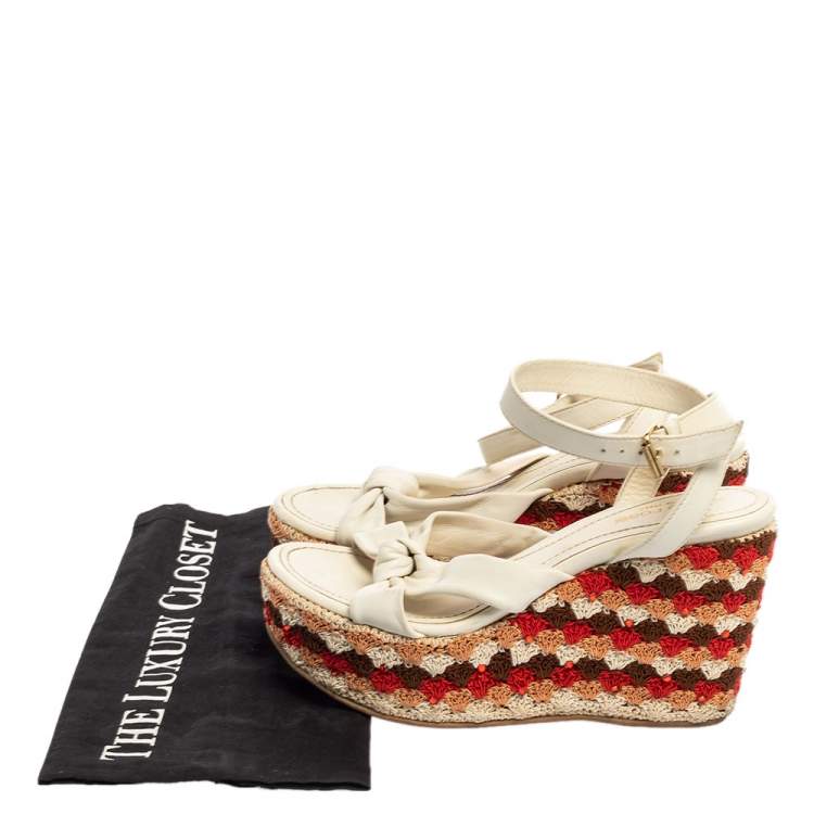 Pre Owned Sergio Rossi White Leather And Fabric Platform Wedge Knotted Ankle Strap Sandals Size 35.5