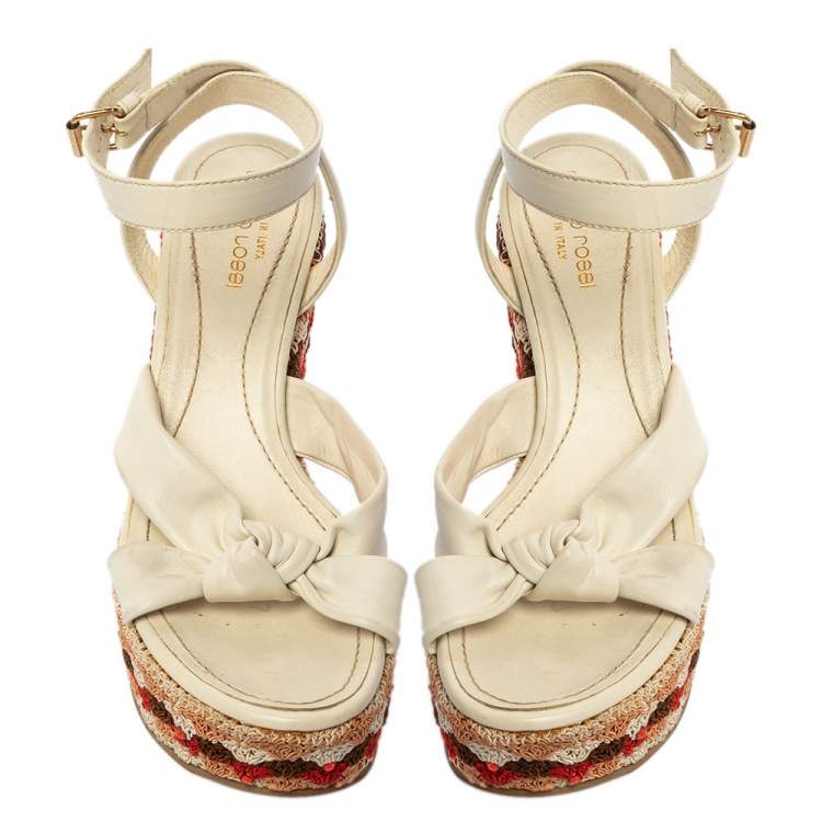 Pre Owned Sergio Rossi White Leather And Fabric Platform Wedge Knotted Ankle Strap Sandals Size 35.5