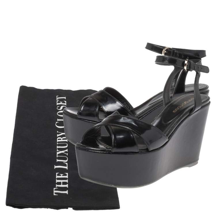 Pre Owned Sergio Rossi Black Criss Cross Patent Leather Ankle Strap Wedge Sandals Size 36