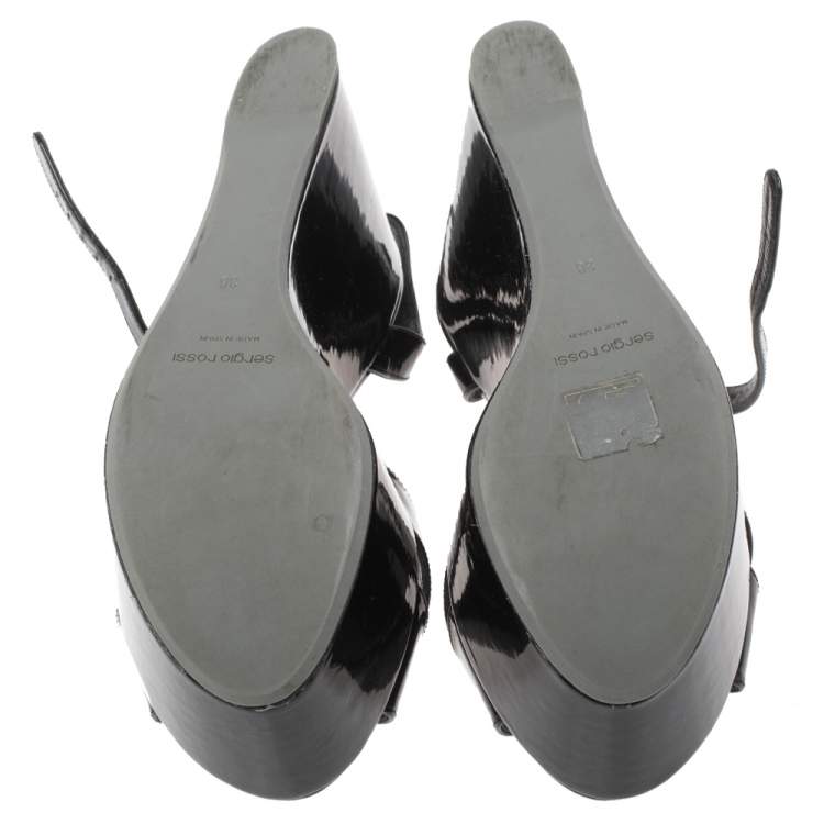 Pre Owned Sergio Rossi Black Criss Cross Patent Leather Ankle Strap Wedge Sandals Size 36