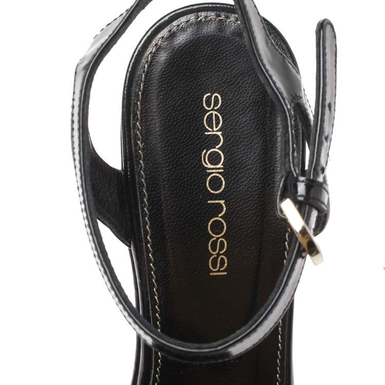 Pre Owned Sergio Rossi Black Criss Cross Patent Leather Ankle Strap Wedge Sandals Size 36