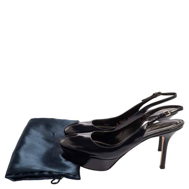 Pre Owned Sergio Rossi Blue Patent Leather Slingback Peep Toe Platform  Sandals Size 36