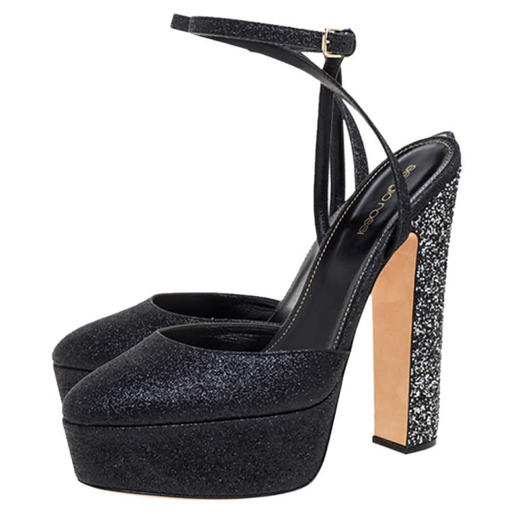 Pre Owned Sergio Rossi Black Coarse Glitter Freda Round Toe Sandals Size 39