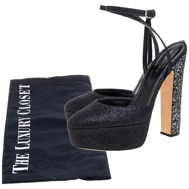 Pre Owned Sergio Rossi Black Coarse Glitter Freda Round Toe Sandals Size 39