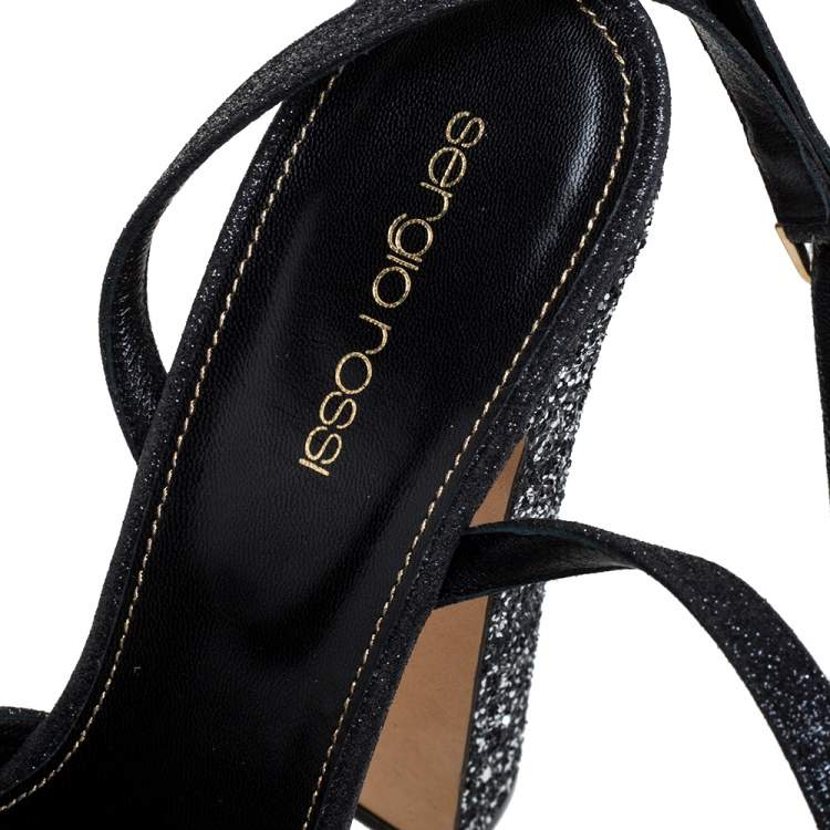 Pre Owned Sergio Rossi Black Coarse Glitter Freda Round Toe Sandals Size 39