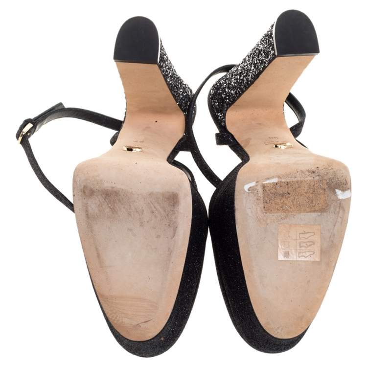 Pre Owned Sergio Rossi Black Coarse Glitter Freda Round Toe Sandals Size 39