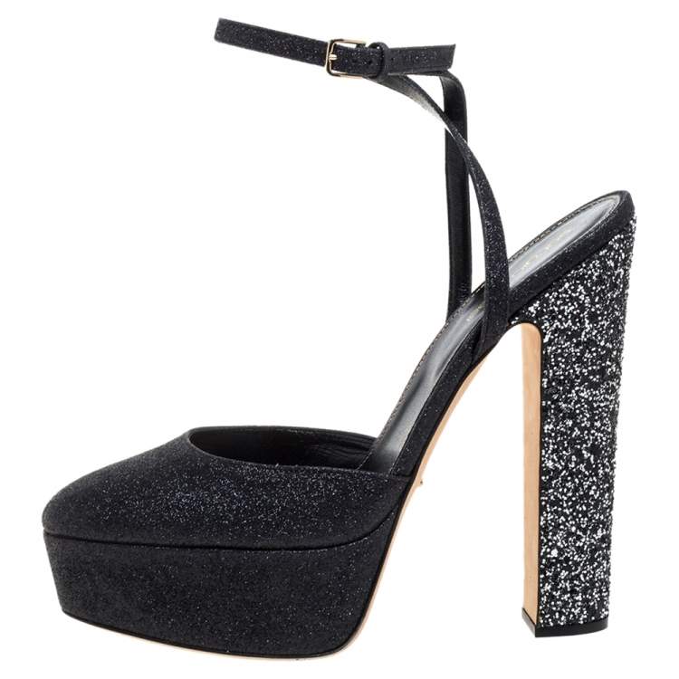 Pre Owned Sergio Rossi Black Coarse Glitter Freda Round Toe Sandals Size 39