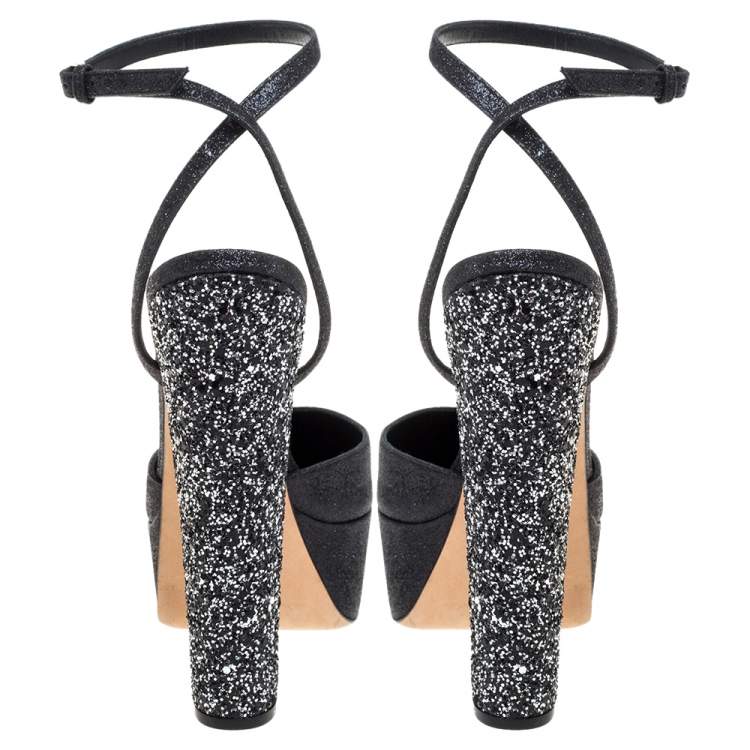 Pre Owned Sergio Rossi Black Coarse Glitter Freda Round Toe Sandals Size 39