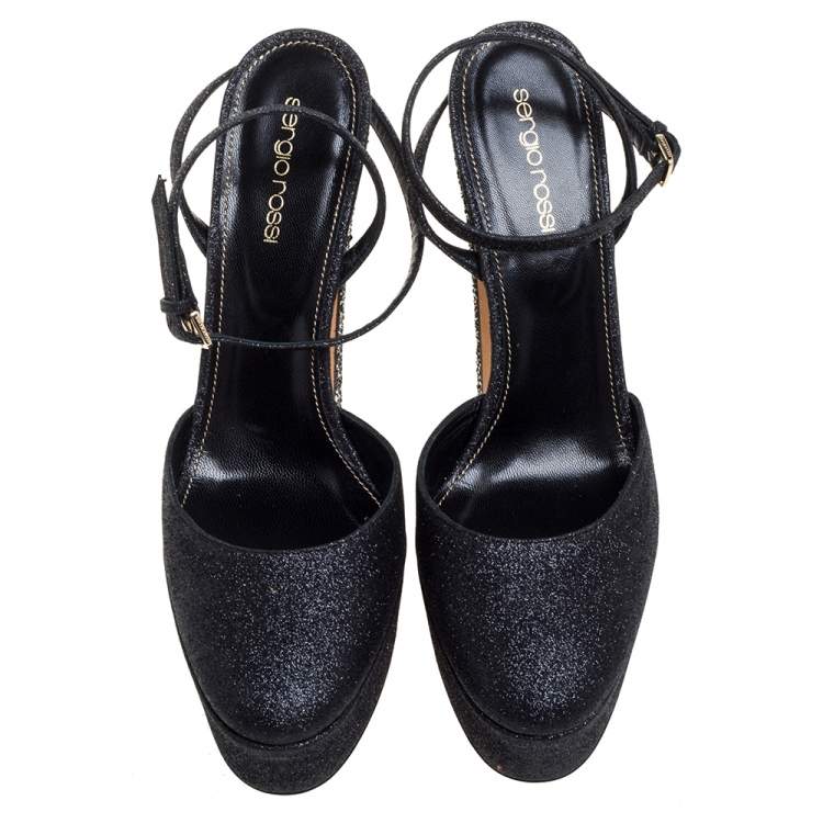 Pre Owned Sergio Rossi Black Coarse Glitter Freda Round Toe Sandals Size 39
