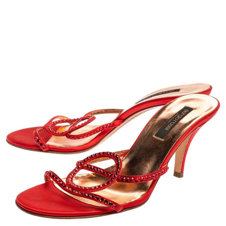 Pre Owned Sergio Rossi Red Satin Crystal Embellished Slip On Sandals Size 37.5