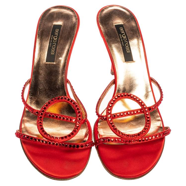 Pre Owned Sergio Rossi Red Satin Crystal Embellished Slip On Sandals Size 37.5