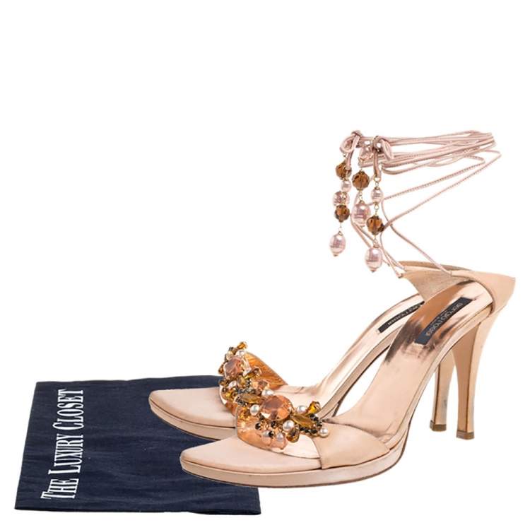 Pre Owned Sergio Rossi Peach Satin Crystal Embellished Lace Up Sandals Size 41
