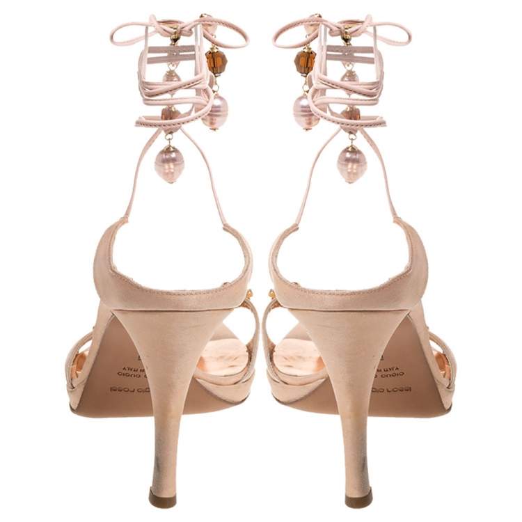 Pre Owned Sergio Rossi Peach Satin Crystal Embellished Lace Up Sandals Size 41