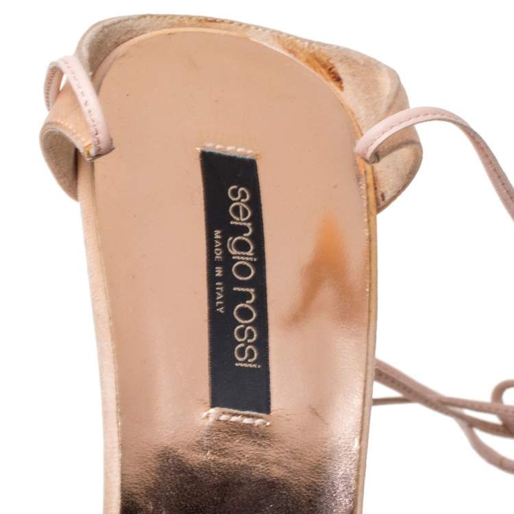 Pre Owned Sergio Rossi Peach Satin Crystal Embellished Lace Up Sandals Size 41