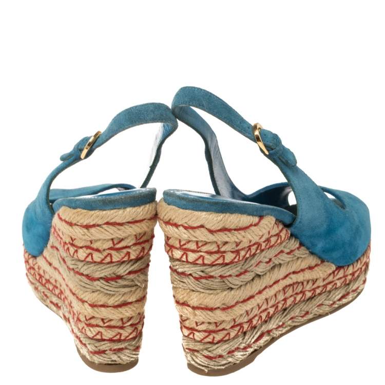 Pre Owned Sergio Rossi Blue Suede Wedge Platform Sandals Size 38