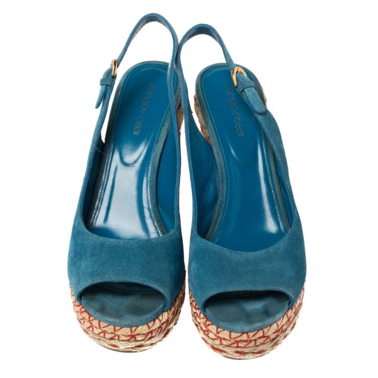 Pre Owned Sergio Rossi Blue Suede Wedge Platform Sandals Size 38