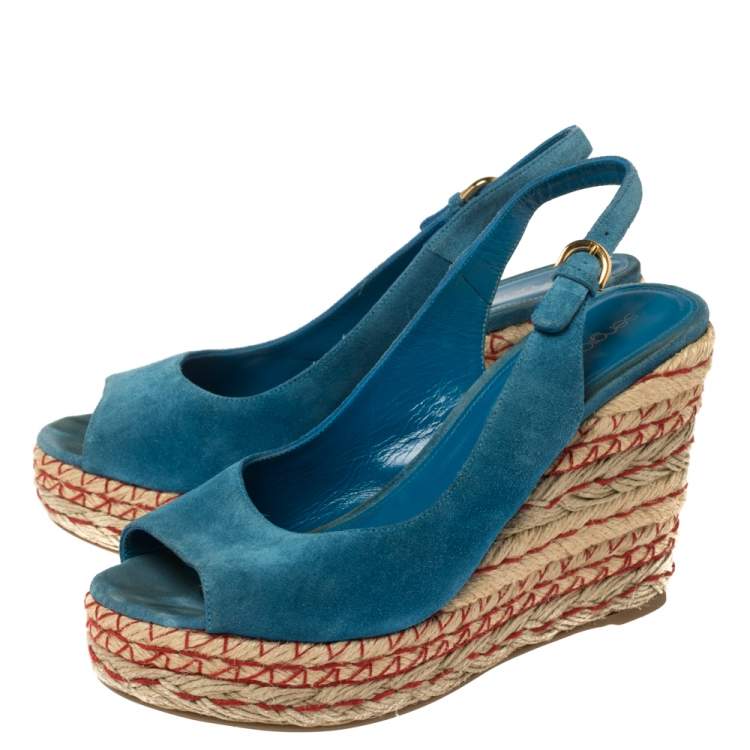 Pre Owned Sergio Rossi Blue Suede Wedge Platform Sandals Size 38