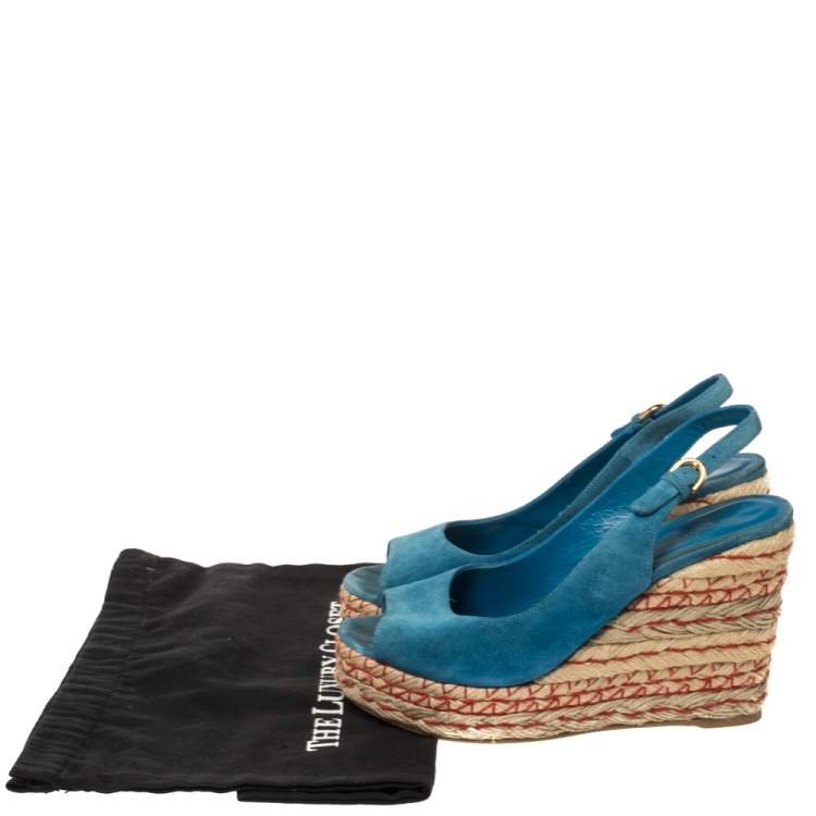Pre Owned Sergio Rossi Blue Suede Wedge Platform Sandals Size 38