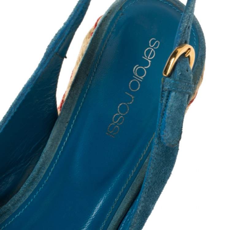Pre Owned Sergio Rossi Blue Suede Wedge Platform Sandals Size 38