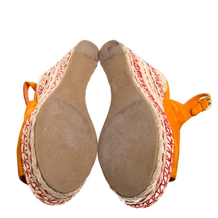 Pre Owned Sergio Rossi Orange Suede Espadrille Wedge Slingback Sandals Size 38