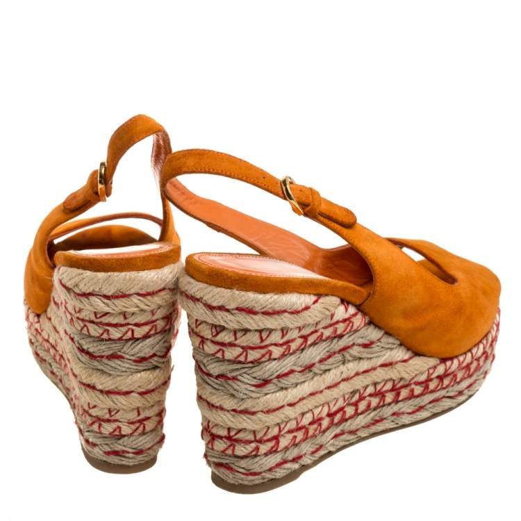 Pre Owned Sergio Rossi Orange Suede Espadrille Wedge Slingback Sandals Size 38
