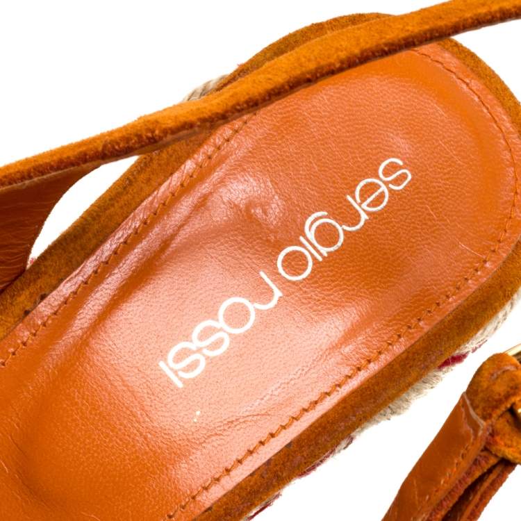 Pre Owned Sergio Rossi Orange Suede Espadrille Wedge Slingback Sandals Size 38