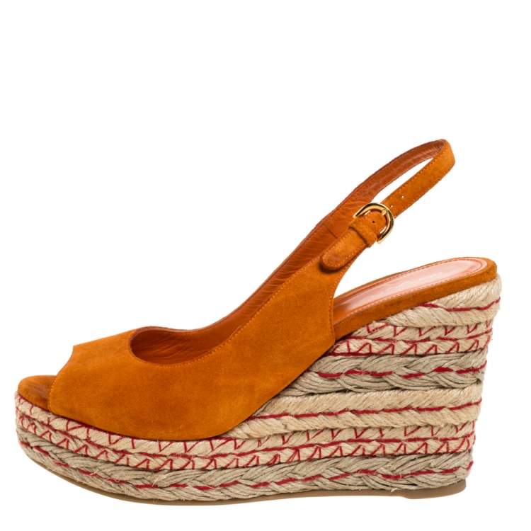 Pre Owned Sergio Rossi Orange Suede Espadrille Wedge Slingback Sandals Size 38