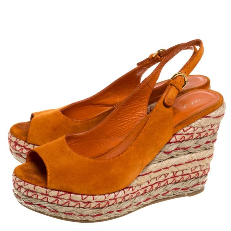 Pre Owned Sergio Rossi Orange Suede Espadrille Wedge Slingback Sandals Size 38