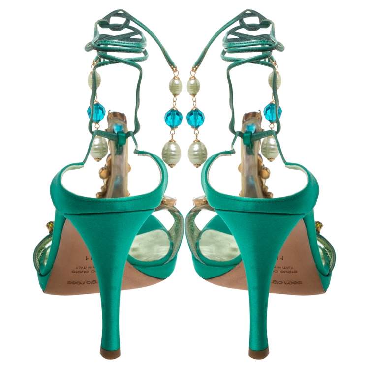 Pre Owned Sergio Rossi Green Satin Crystal Embellished Open Toe Tie Up Sandals Size 41