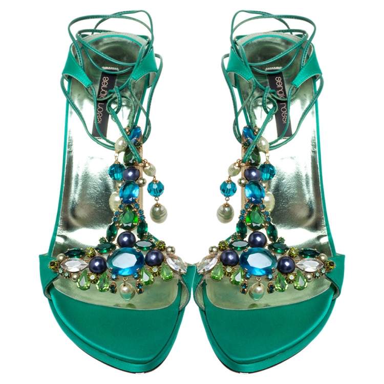 Pre Owned Sergio Rossi Green Satin Crystal Embellished Open Toe Tie Up Sandals Size 41