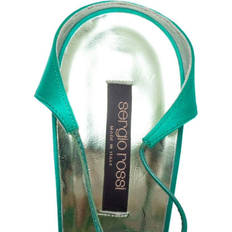 Pre Owned Sergio Rossi Green Satin Crystal Embellished Open Toe Tie Up Sandals Size 41