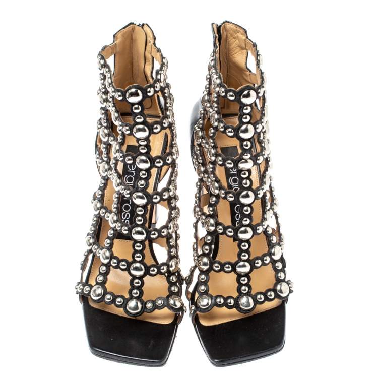 Pre Owned Sergio Rossi Black Leather Embellished Cut Out Sandals Size 37.5