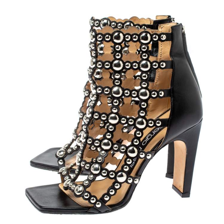 Pre Owned Sergio Rossi Black Leather Embellished Cut Out Sandals Size 37.5