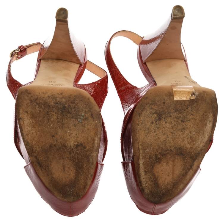 Pre Owned Sergio Rossi Red Patent Leather Peep Toe Slingback Platform Sandals Size 38