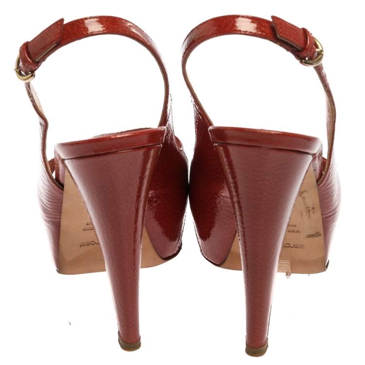 Pre Owned Sergio Rossi Red Patent Leather Peep Toe Slingback Platform Sandals Size 38