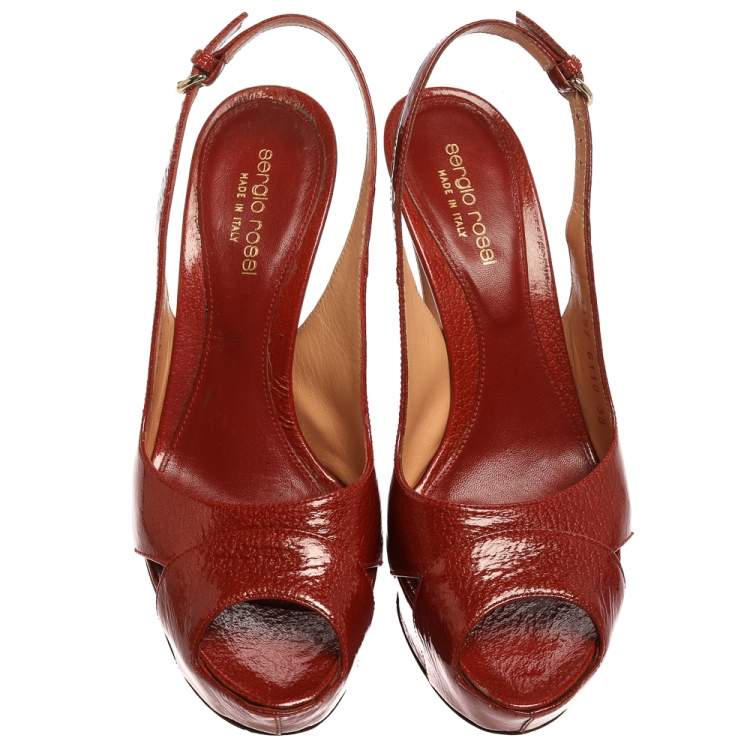 Pre Owned Sergio Rossi Red Patent Leather Peep Toe Slingback Platform Sandals Size 38