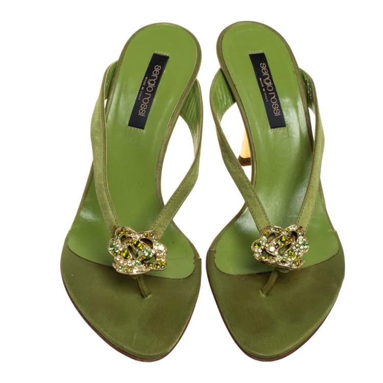 Pre Owned Sergio Rossi Green Satin Crystal Embellished Slide Sandals Size 36.5