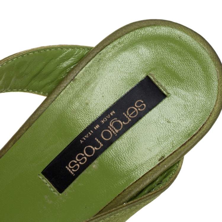 Pre Owned Sergio Rossi Green Satin Crystal Embellished Slide Sandals Size 36.5