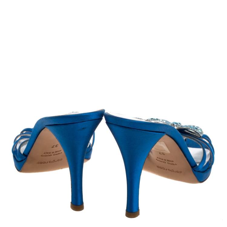 Pre Owned Sergio Rossi Blue Satin Crystal Embellished Slide Sandals Size 37
