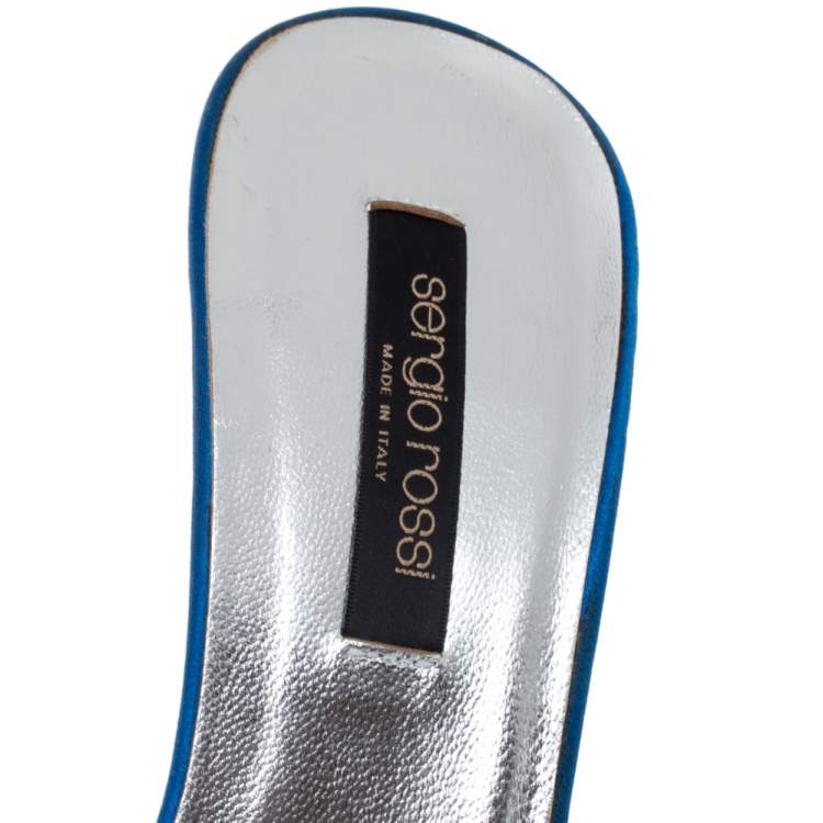 Pre Owned Sergio Rossi Blue Satin Crystal Embellished Slide Sandals Size 37
