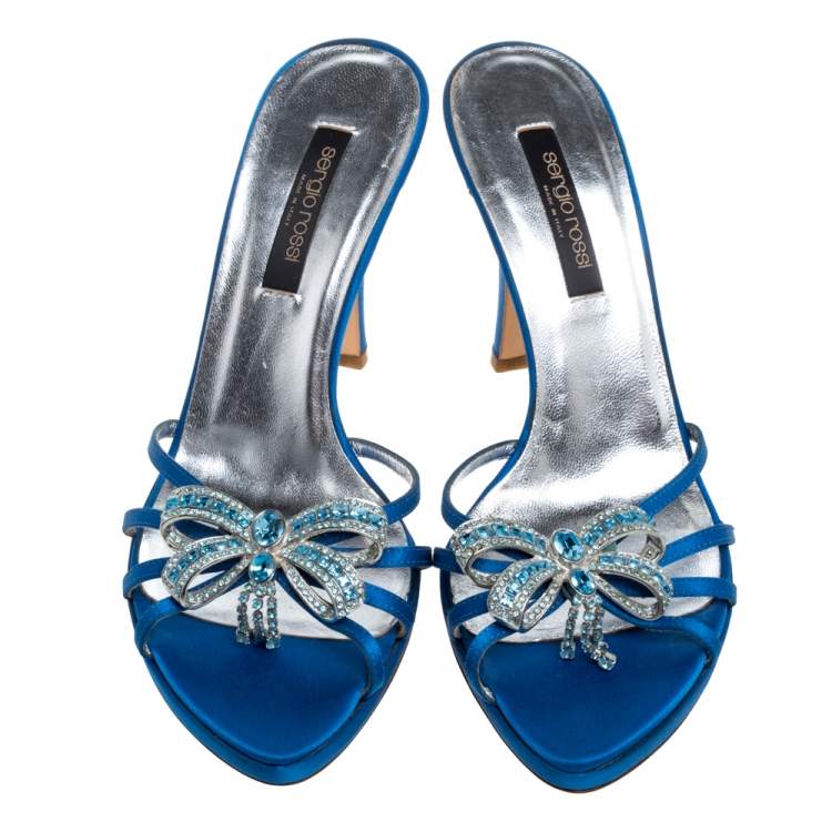 Pre Owned Sergio Rossi Blue Satin Crystal Embellished Slide Sandals Size 37