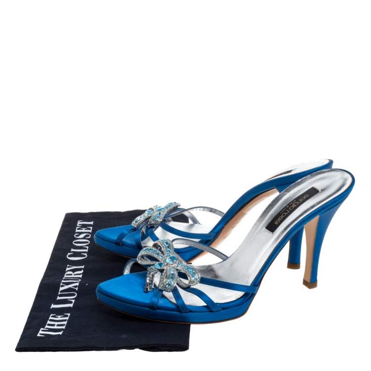 Pre Owned Sergio Rossi Blue Satin Crystal Embellished Slide Sandals Size 37