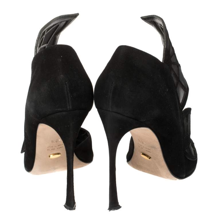 Pre Owned Sergio Rossi Black Suede and Mesh Butterfly Peep Toe Pumps Size 38.5
