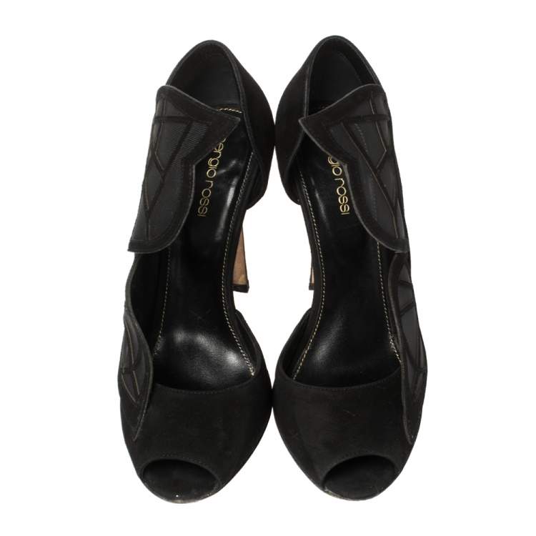 Pre Owned Sergio Rossi Black Suede and Mesh Butterfly Peep Toe Pumps Size 38.5