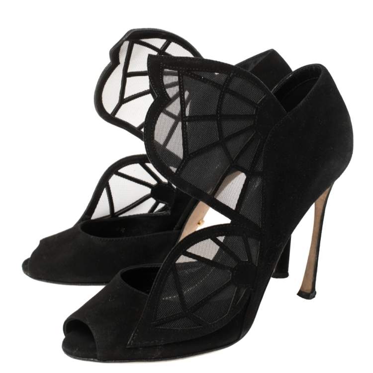 Pre Owned Sergio Rossi Black Suede and Mesh Butterfly Peep Toe Pumps Size 38.5