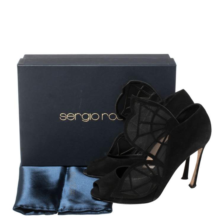 Pre Owned Sergio Rossi Black Suede and Mesh Butterfly Peep Toe Pumps Size 38.5